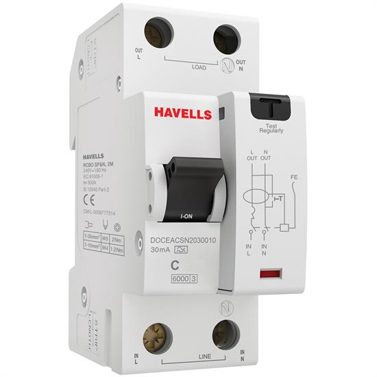 Дифф. авт. выкл. 1P+N 6kA C  30 мА Тип A, 2М, Havells - фото 12913