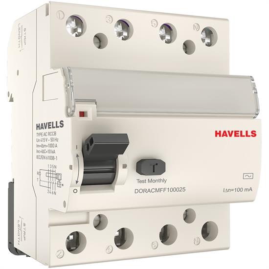 Устройство защитного отключения 3P+N, In=100 мА, Тип АС, 4М, Havells - фото 12920